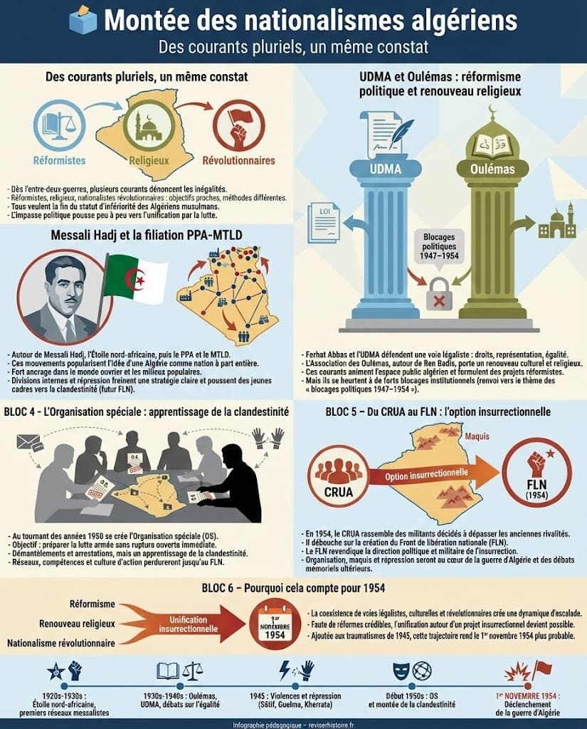 Infographie montrant la montée des nationalismes algériens, des courants réformistes, religieux et révolutionnaires autour de Messali Hadj, de l’UDMA, des Oulémas, de l’Organisation spéciale et du passage au FLN en 1954.