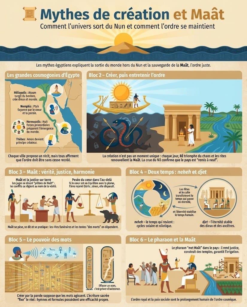 Infographie montrant les principales cosmogonies égyptiennes (Héliopolis, Memphis, Hermopolis, Thèbes) et le rôle de la Maât, de la pesée du cœur et des notions de neheh et djet dans la pensée religieuse égyptienne