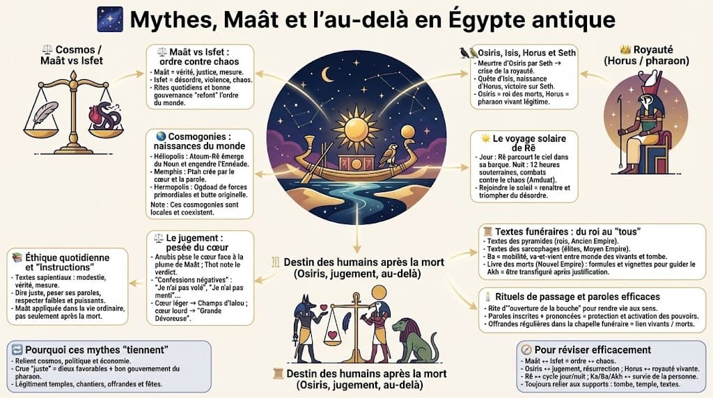 Illustration des concepts clés de la mythologie égyptienne : la barque solaire de Rê, le mythe d'Osiris, le concept de Maât contre le chaos (Isfet), et la scène du jugement de l'âme (pesée du cœur).
