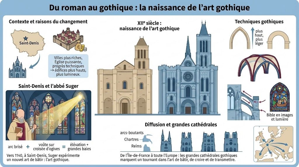 Infographie pédagogique illustrant le passage de l'art roman à l'art gothique au XIIe siècle. Elle compare deux églises, explique le contexte historique et le rôle de l'abbé Suger à Saint-Denis, détaille les techniques gothiques (arc-boutant, voûte sur croisée d'ogives, vitrail) et montre la diffusion des cathédrales en Europe.
