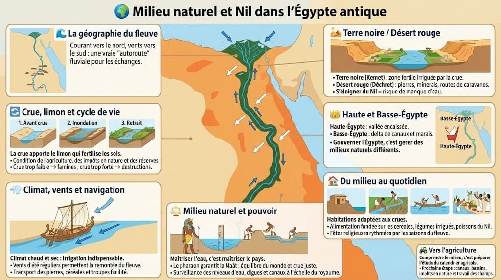 Carte et schéma pédagogique illustrant le rôle central du Nil en Égypte antique, expliquant le cycle de la crue, le limon fertile, et la distinction géographique entre Haute et Basse-Égypte.