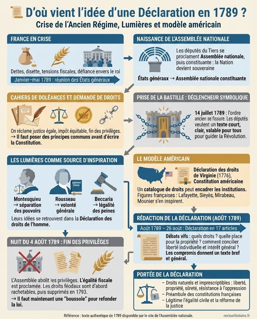 Infographie expliquant le contexte de la Révolution française en 1789 et les influences des Lumières, des cahiers de doléances et du modèle américain qui mènent à la Déclaration des droits de l’homme et du citoyen.