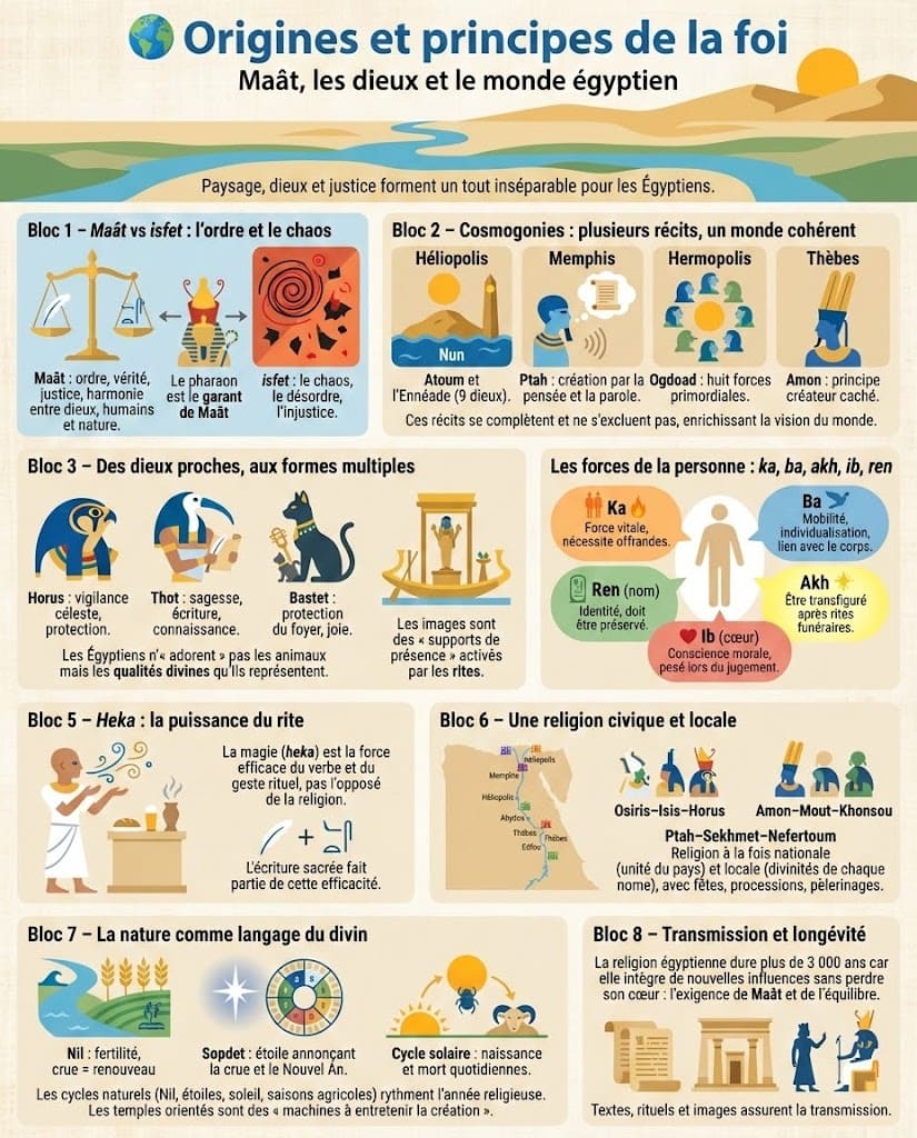 Infographie pédagogique présentant les origines et les grands principes de la religion égyptienne antique : Maât, cosmogonies locales, forces vitales (ka, ba, akh), heka et lien entre Nil, dieux et pouvoir royal.