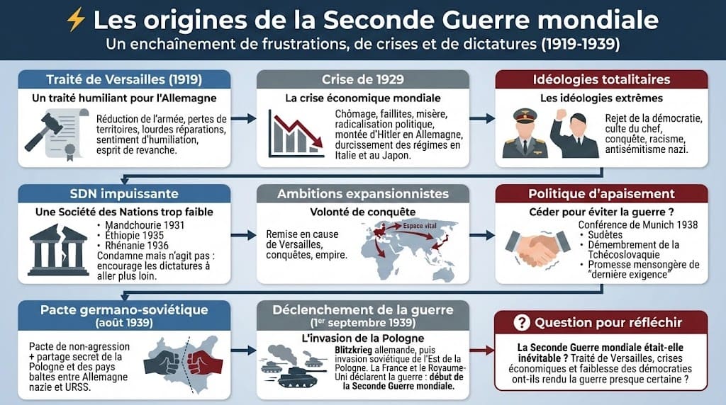 Infographie pédagogique détaillant les causes de la guerre : humiliations du Traité de Versailles, crise de 1929, montée des totalitarismes et échec de la SDN.