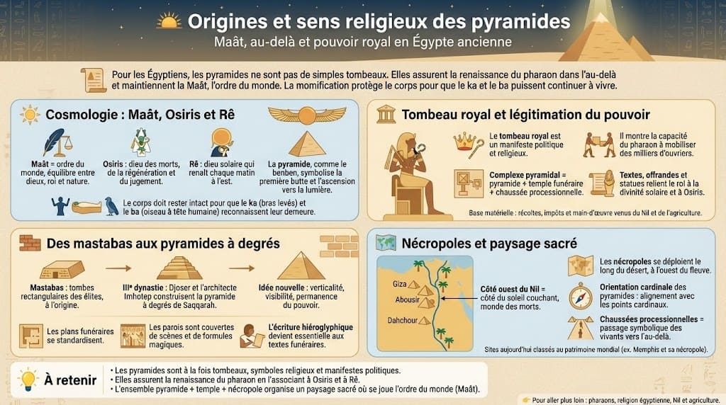 Infographie expliquant les origines et le sens religieux des pyramides en Égypte antique, avec la Maât, Osiris et Rê, le rôle du tombeau royal, le lien avec le benben, ainsi que l’organisation des nécropoles à l’ouest du Nil.