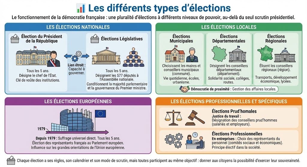 Schéma illustrant la diversité des scrutins en France : élections nationales (présidentielle, législatives), locales (municipales, départementales, régionales), européennes et professionnelles.