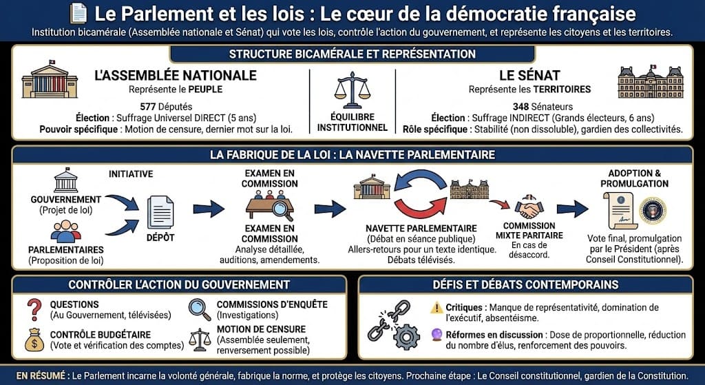 Infographie expliquant le fonctionnement du Parlement français. Elle montre l'Assemblée nationale (Palais Bourbon) et le Sénat (Palais du Luxembourg), le processus de la navette parlementaire pour voter la loi, et les outils de contrôle de l'exécutif.