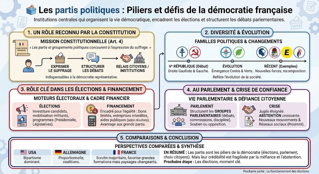 Infographie sur le rôle des partis politiques en France. Elle montre leur fonction dans l'expression du suffrage (article 4 de la Constitution), le financement de la vie politique, leur diversité sur l'échiquier politique et leur rôle au Parlement.