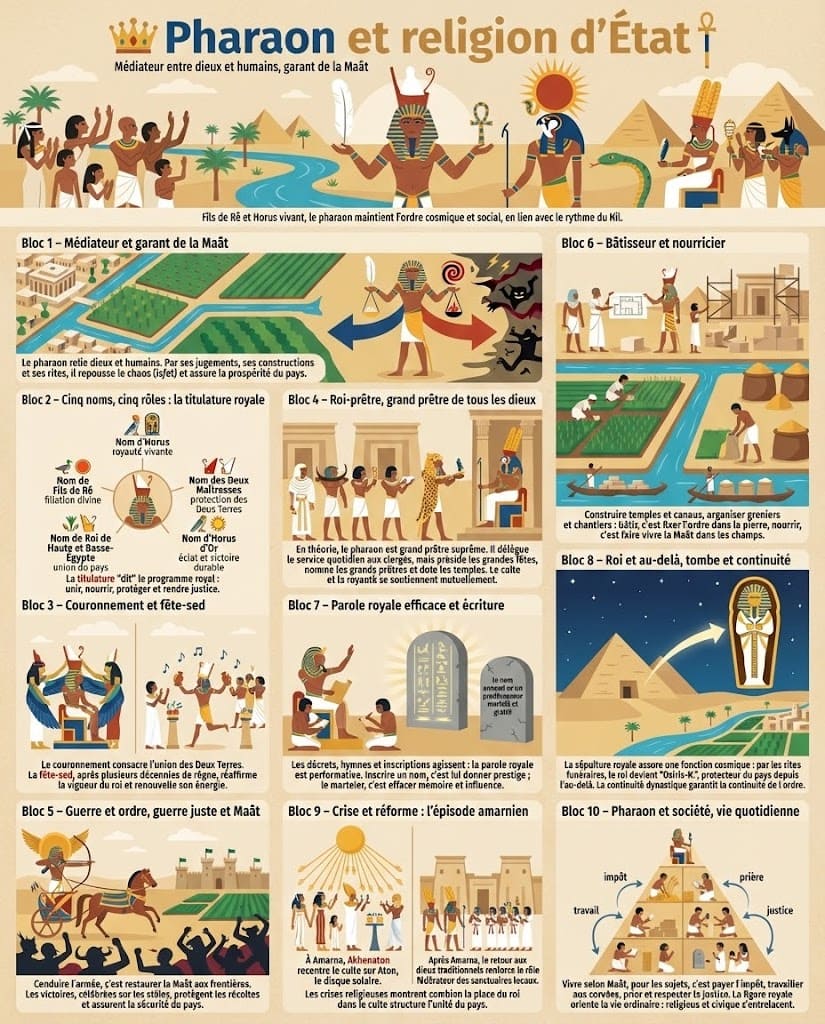 Infographie présentant le rôle du pharaon comme médiateur entre dieux et hommes, sa titulature royale, ses fonctions de grand prêtre, de bâtisseur, de chef de guerre et de garant de la Maât dans la religion d’État égyptienne.