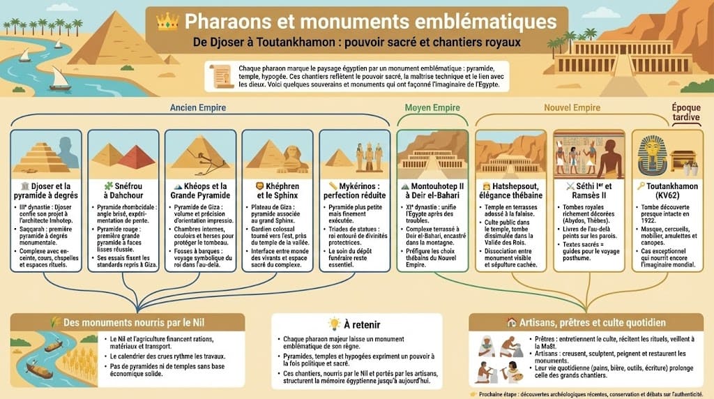 Infographie présentant plusieurs pharaons majeurs et leurs monuments emblématiques, de Djoser et la pyramide à degrés de Saqqarah à Snéfrou, Khéops, Khéphren, Mykérinos, Montouhotep II, Hatshepsout, Séthi Ier, Ramsès II et Toutankhamon.