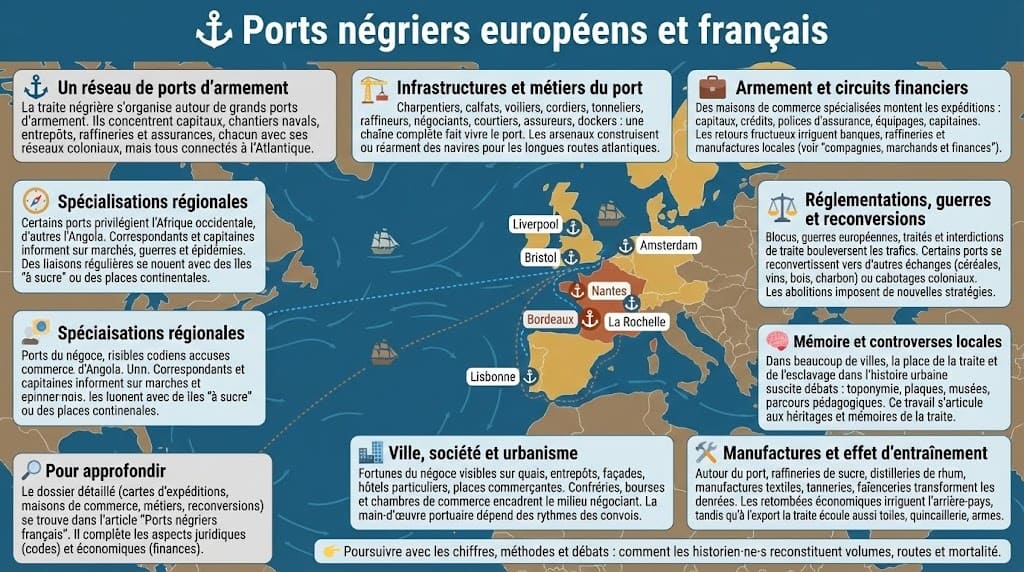 Infographie montrant les principaux ports négriers européens et français, leurs infrastructures, métiers, manufactures et reconversions après les abolitions.