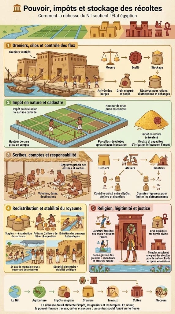 Infographie expliquant le lien entre le pouvoir pharaonique, la collecte des impôts en nature, et le stockage des récoltes dans les greniers. Elle illustre le rôle des scribes, la redistribution des ressources, et la légitimité religieuse du pouvoir.