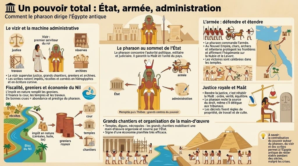 Infographie montrant la concentration des pouvoirs entre les mains du pharaon en Égypte antique, son rôle à la tête de l’État, de l’armée et de l’administration, avec le vizir, les scribes, la fiscalité en nature et les grands chantiers royaux.