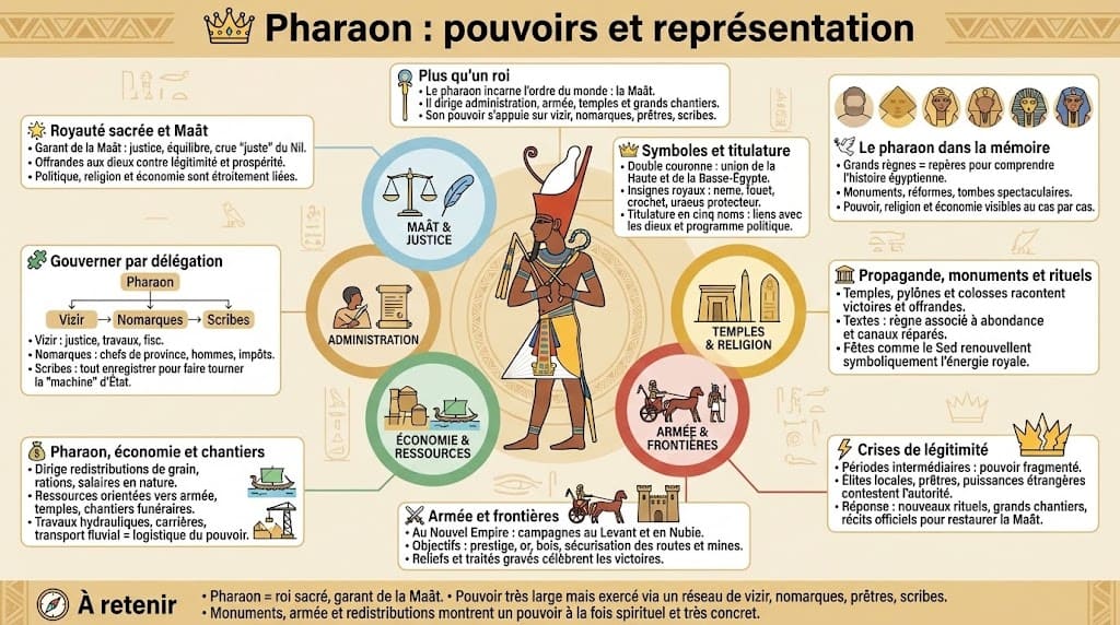 Schéma conceptuel détaillant les multiples pouvoirs du Pharaon (chef religieux, militaire, administratif) et ses symboles royaux (couronnes, sceptres), en lien avec le concept de Maât.