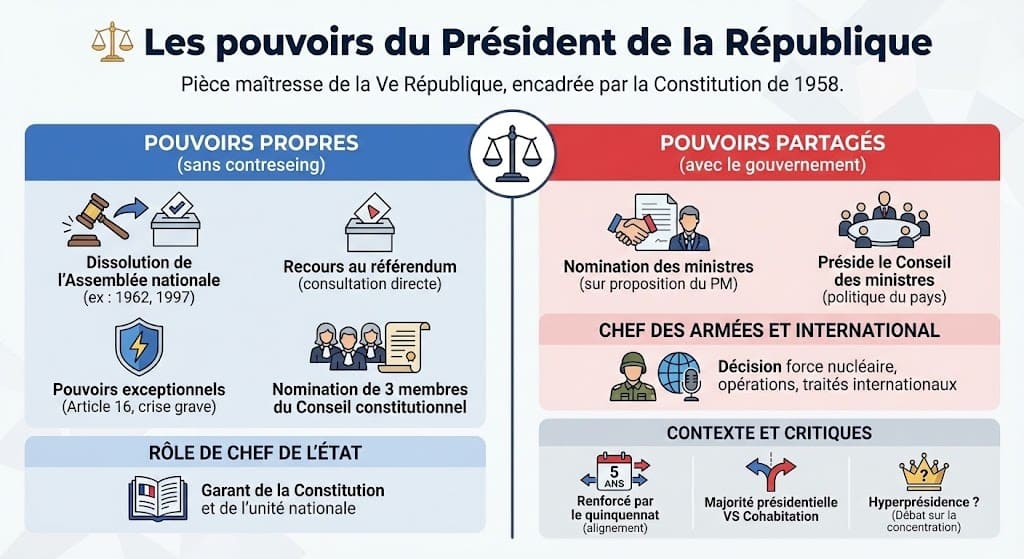 Infographie détaillant les pouvoirs du Président de la République française, distinguant les pouvoirs propres (dissolution, référendum, article 16) des pouvoirs partagés avec le gouvernement (nomination des ministres, Conseil des ministres).