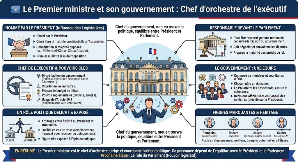 Infographie illustrant les fonctions du Premier ministre français. On y voit l'Hôtel de Matignon, son rôle de direction du gouvernement, sa relation avec le Parlement (article 49.3) et la gestion des ministres.
