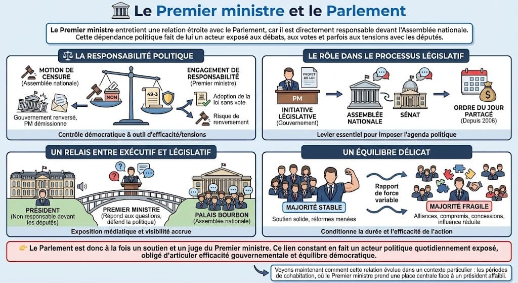 Schéma expliquant les interactions entre le Premier ministre et le Parlement : mécanismes de responsabilité politique (motion de censure, article 49-3), rôle dans le processus législatif et l'importance de la majorité parlementaire.