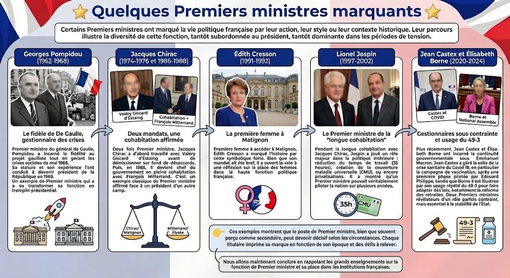 Infographie chronologique présentant des Premiers ministres français ayant marqué l'histoire : Georges Pompidou (période gaulliste), Jacques Chirac (cohabitation de 1986), Édith Cresson (première femme à Matignon), Lionel Jospin (longue cohabitation), et le duo Jean Castex / Élisabeth Borne (période récente, gestion Covid et 49-3). Les visages sur les photos d'illustration sont floutés.