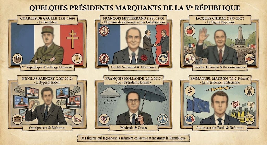 Illustration présentant six Présidents emblématiques de la Ve République (De Gaulle, Mitterrand, Chirac, Sarkozy, Hollande, Macron) et les événements ou styles qui ont marqué leurs mandats respectifs.