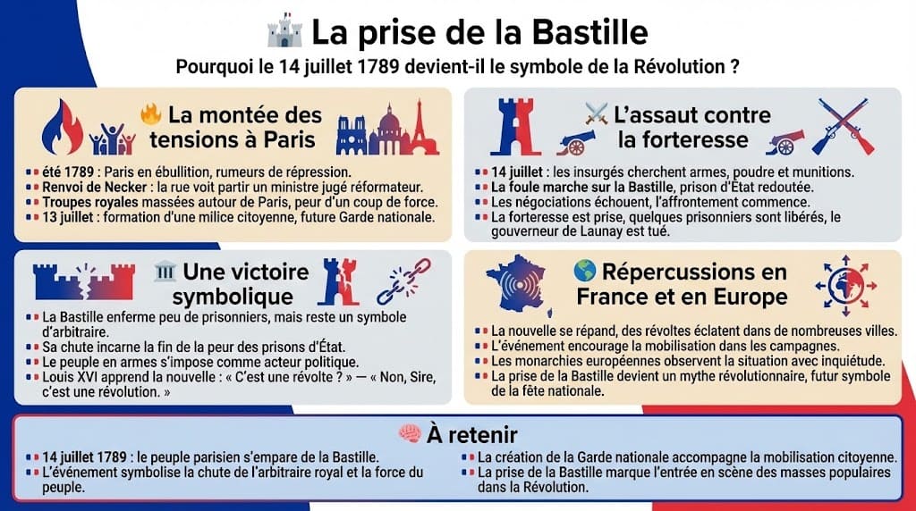 Infographie aux couleurs tricolores expliquant la journée du 14 juillet 1789. Elle détaille la montée des tensions à Paris, l'assaut populaire contre la forteresse pour chercher des armes, et la portée symbolique de cet événement qui marque l'entrée du peuple dans la Révolution.