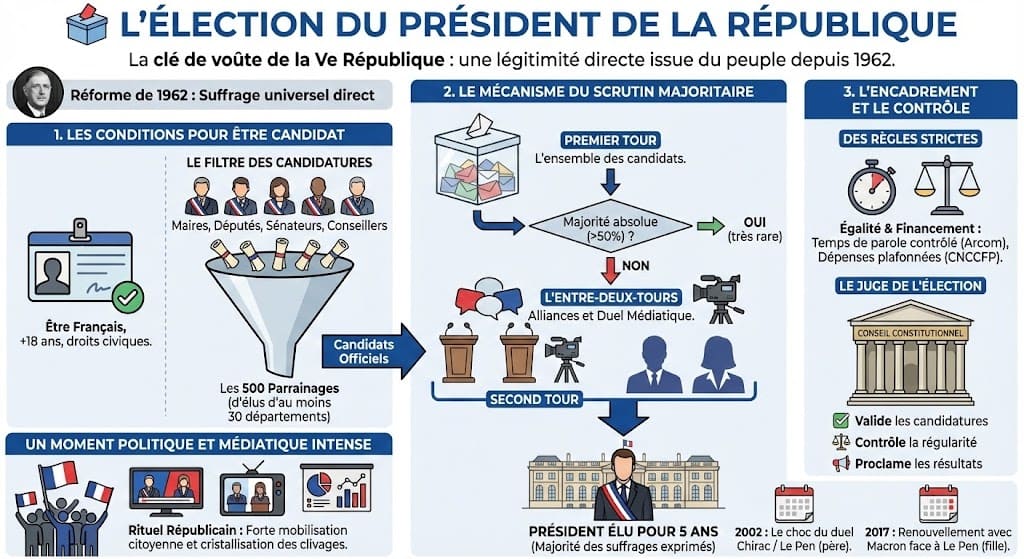 Schéma explicatif du processus de l'élection présidentielle en France : conditions de candidature (parrainages), fonctionnement du scrutin majoritaire à deux tours et rôle du Conseil constitutionnel.