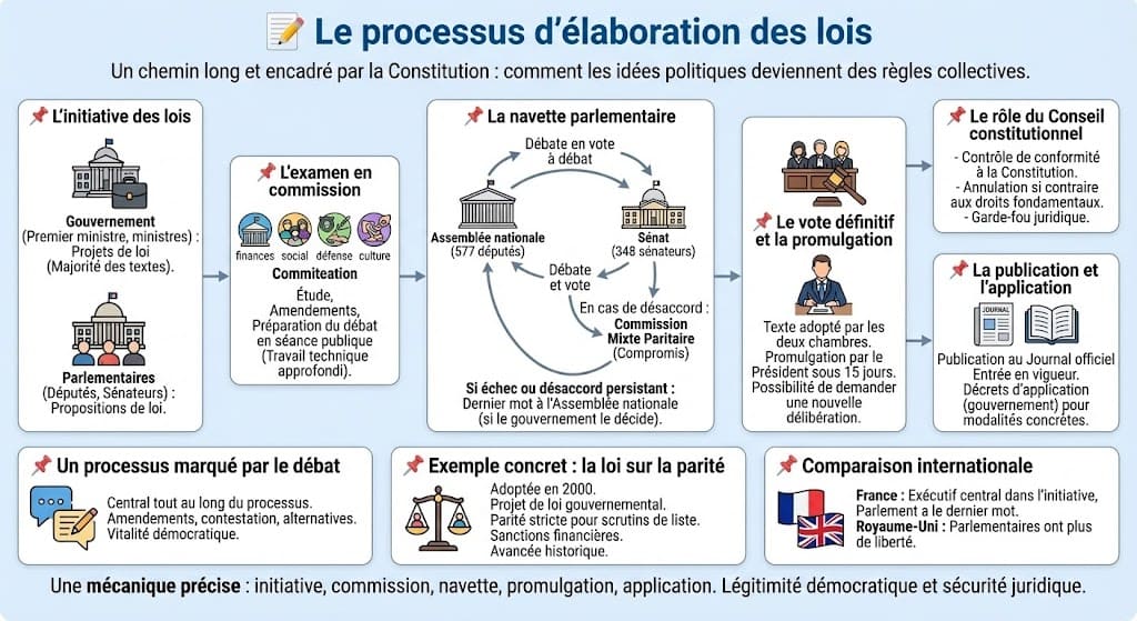 Diagramme de flux expliquant les étapes de l'élaboration des lois : de l'initiative (projet ou proposition) à la promulgation, en passant par l'examen en commission et la navette entre l'Assemblée et le Sénat.