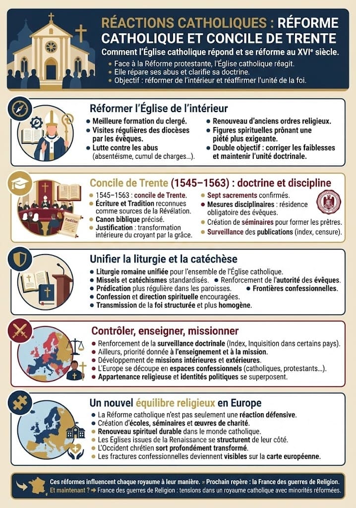 Infographie sur la réaction de l'Église catholique face au protestantisme : les décisions du Concile de Trente (1545-1563), la réaffirmation des sept sacrements, la formation des prêtres et le rôle des ordres religieux comme les Jésuites.