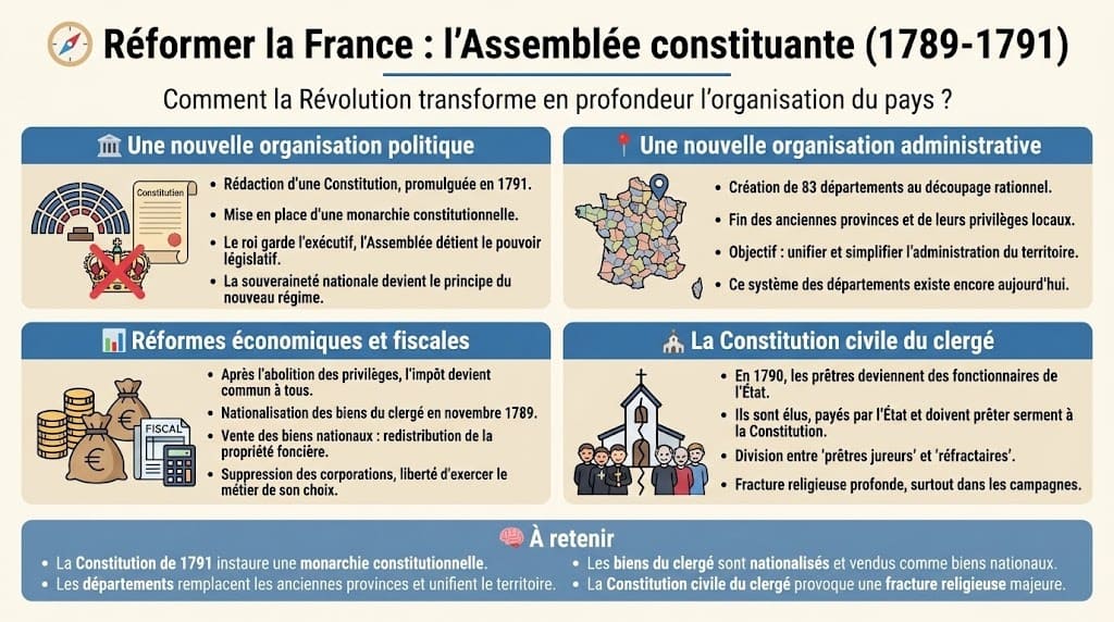 Infographie détaillant la réorganisation de la France par la Constituante. Elle couvre la nouvelle organisation politique (monarchie constitutionnelle), administrative (création des départements), les réformes fiscales, et la fracture religieuse liée à la Constitution civile du clergé.