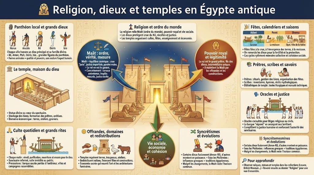 Synthèse visuelle sur la religion égyptienne, présentant les principaux dieux du panthéon, le rôle central du temple comme