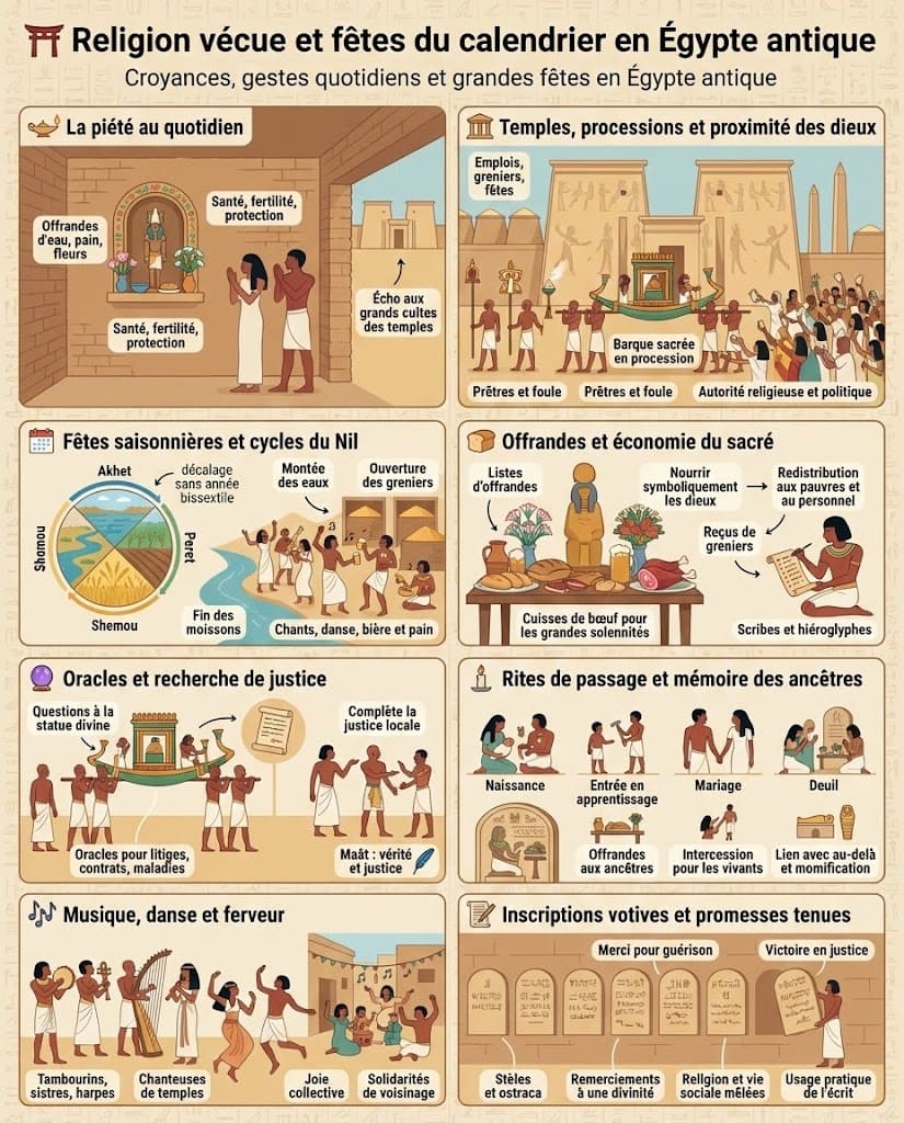 Infographie décrivant la piété domestique, les temples et processions, les fêtes liées au Nil, les offrandes, les oracles, les rites de passage et la mémoire des ancêtres en Égypte antique.