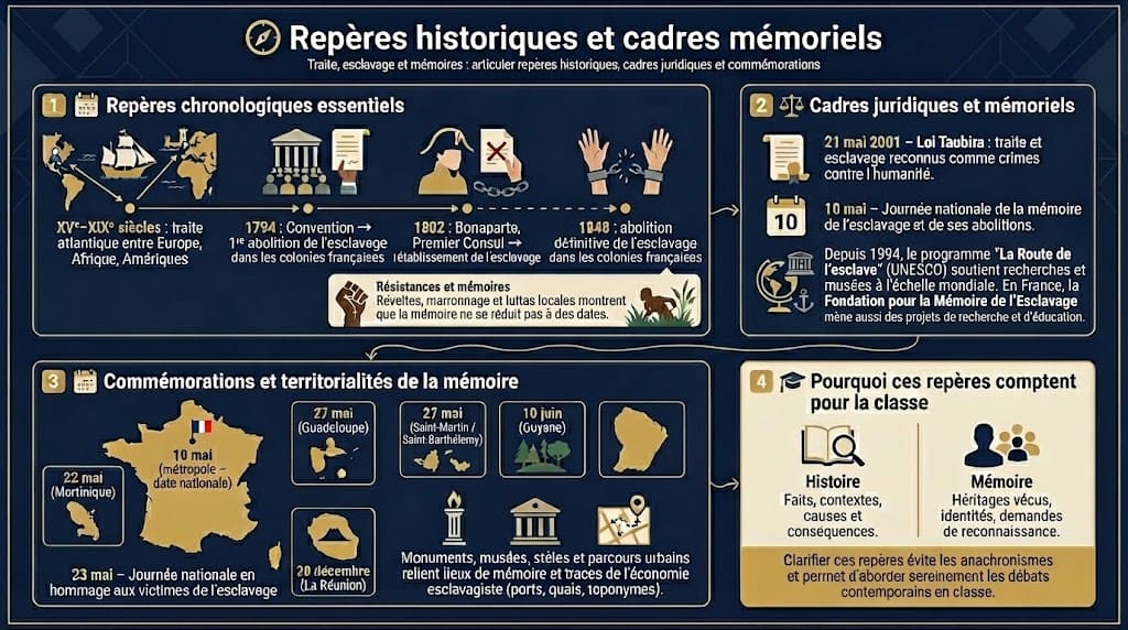 Infographie montrant les repères chronologiques essentiels de la traite atlantique, les cadres juridiques et mémoriels comme la loi Taubira, ainsi que les dates de commémoration et leur usage en classe.