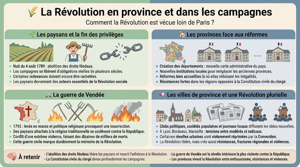 Infographie illustrant l'impact de la Révolution hors de Paris. Elle montre l'adhésion des paysans suite à la fin des privilèges, la nouvelle carte des départements, mais aussi les violentes résistances comme la guerre de Vendée et les tensions dans les villes de province.