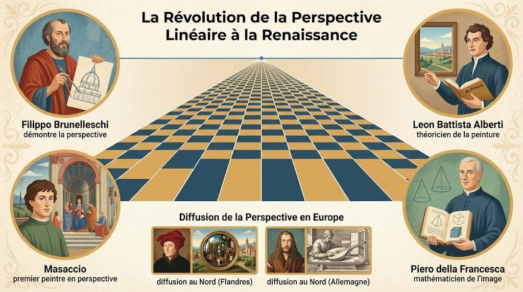 Infographie pédagogique illustrant la révolution de la perspective linéaire à la Renaissance. Au centre, un damier en perspective converge vers un point de fuite unique. Autour figurent les portraits de Filippo Brunelleschi (démonstrateur), Masaccio (premier peintre), Leon Battista Alberti (théoricien) et Piero della Francesca (mathématicien). En bas, la diffusion en Europe du Nord est représentée par Jan van Eyck et Albrecht Dürer.