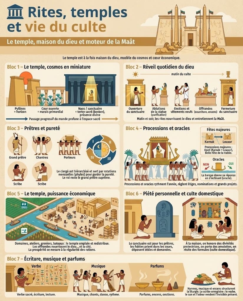 Infographie expliquant l’organisation des temples égyptiens, les rites quotidiens rendus aux dieux, le rôle des prêtres, des processions, des oracles et du culte domestique dans la religion égyptienne antique.