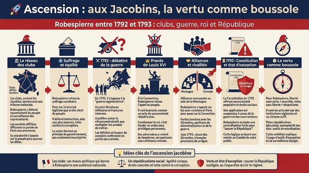 Infographie sur la biographie de Robespierre entre 1792 et 1793, montrant son ascension aux clubs des Jacobins, ses positions sur le suffrage, la guerre, le procès de Louis XVI et la Constitution de 1793, avec la vertu comme boussole politique.