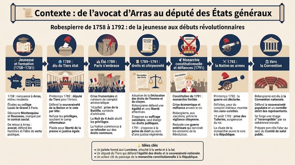Infographie retraçant la jeunesse de Maximilien Robespierre, sa formation d’avocat à Arras, ses études à Paris, puis son élection comme député du Tiers état aux États généraux de 1789, jusqu’à son entrée dans la Révolution française.