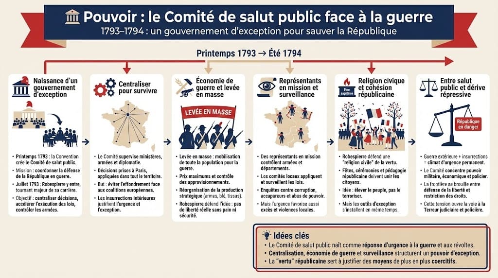 Infographie présentant le rôle du Comité de salut public sous Robespierre entre 1793 et 1794, avec la centralisation des décisions, l’économie de guerre, la levée en masse, les représentants en mission et la mise en place d’un gouvernement d’exception pour sauver la République.