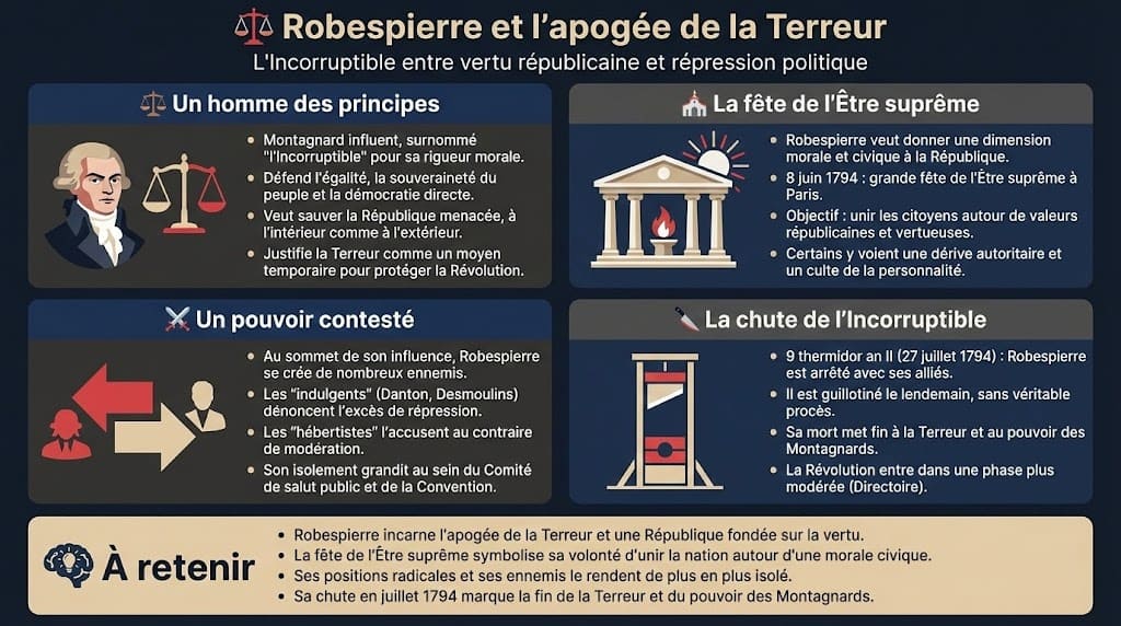 Infographie centrée sur Maximilien Robespierre. Elle décrit ses principes de vertu et d'égalité, son rôle clé pendant la Terreur, l'instauration de la fête de l'Être suprême, son isolement politique croissant et sa chute brutale le 9 thermidor, marquant la fin de la période la plus radicale.
