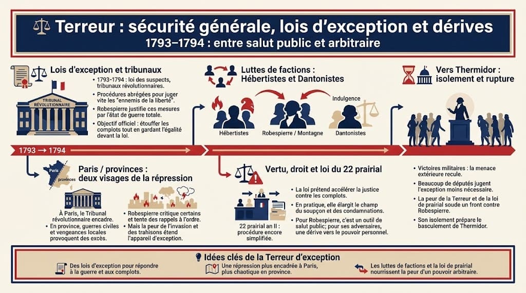 Infographie sur la biographie de Robespierre entre 1792 et 1793, montrant son ascension aux clubs des Jacobins, ses positions sur le suffrage, la guerre, le procès de Louis XVI et la Constitution de 1793, avec la vertu comme boussole politique.