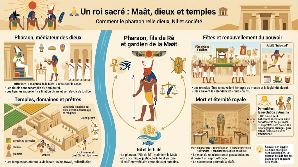 Infographie illustrant le pharaon comme médiateur entre dieux et humains, gardien de la Maât, au cœur des temples, des processions religieuses, des fêtes comme Opet ou le jubilé heb-sed et des cultes liés au Nil et à l’au-delà.