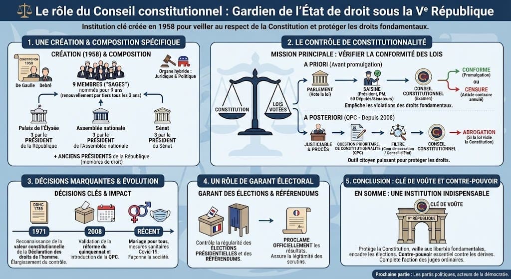 Infographie présentant le Conseil constitutionnel. Elle illustre sa composition (les neuf