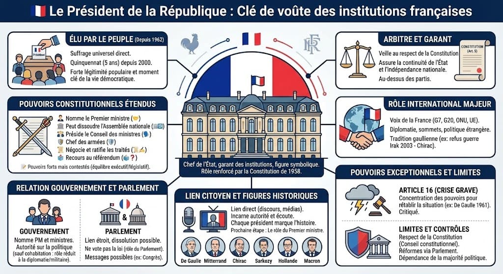 Infographie détaillant le rôle du Président français. Au centre, le Palais de l'Élysée. Autour, des icônes illustrent ses fonctions clés : élection au suffrage universel, chef des armées, pouvoir de dissolution, et garant de la Constitution.