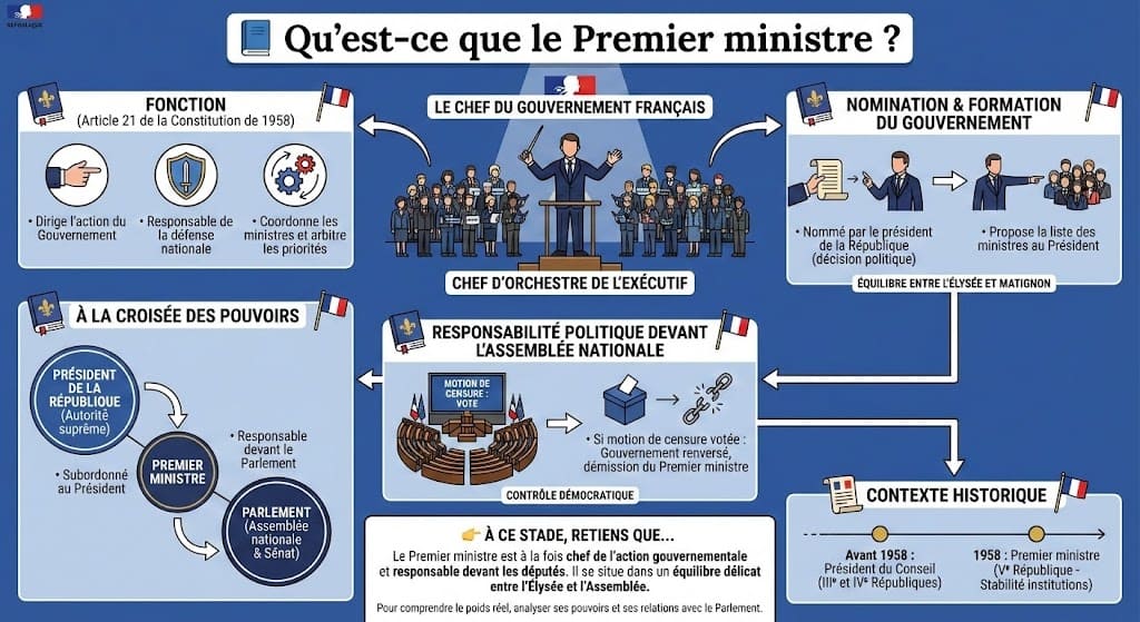 Infographie explicative sur le rôle du Premier ministre en France : chef du gouvernement, coordonnateur de l'exécutif, nommé par le Président et responsable devant l'Assemblée nationale selon la Constitution de 1958.
