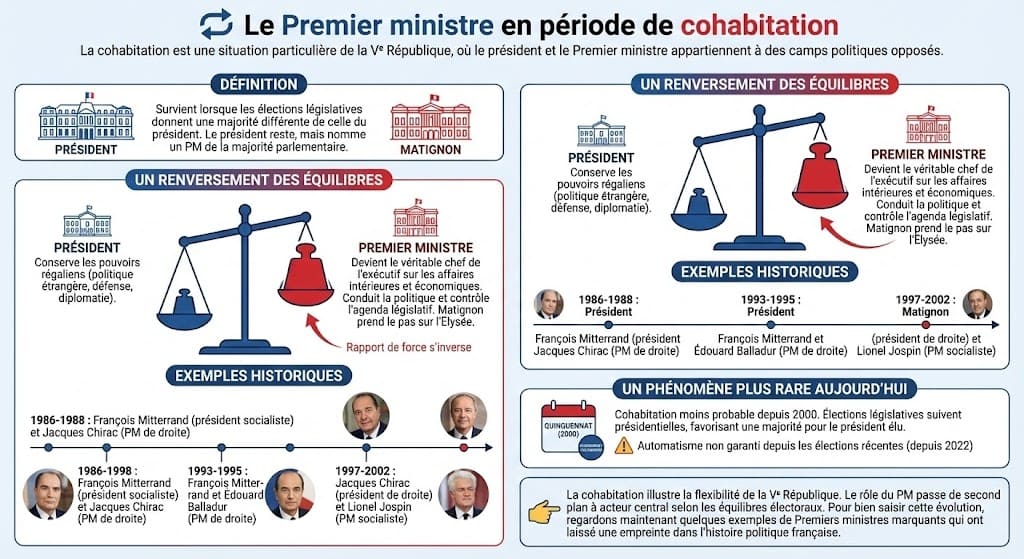 Infographie détaillée expliquant le fonctionnement de la cohabitation sous la Ve République française. Elle comporte plusieurs sections : une définition de la situation où le Président et le Premier ministre sont de camps opposés ; un schéma avec une balance montrant le
