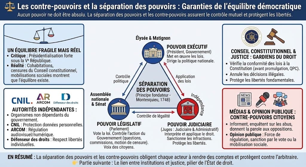 Infographie pyramidale illustrant la séparation stricte entre le pouvoir exécutif, le pouvoir législatif et le pouvoir judiciaire en France. Elle met aussi en avant les contre-pouvoirs comme les médias et les autorités indépendantes.