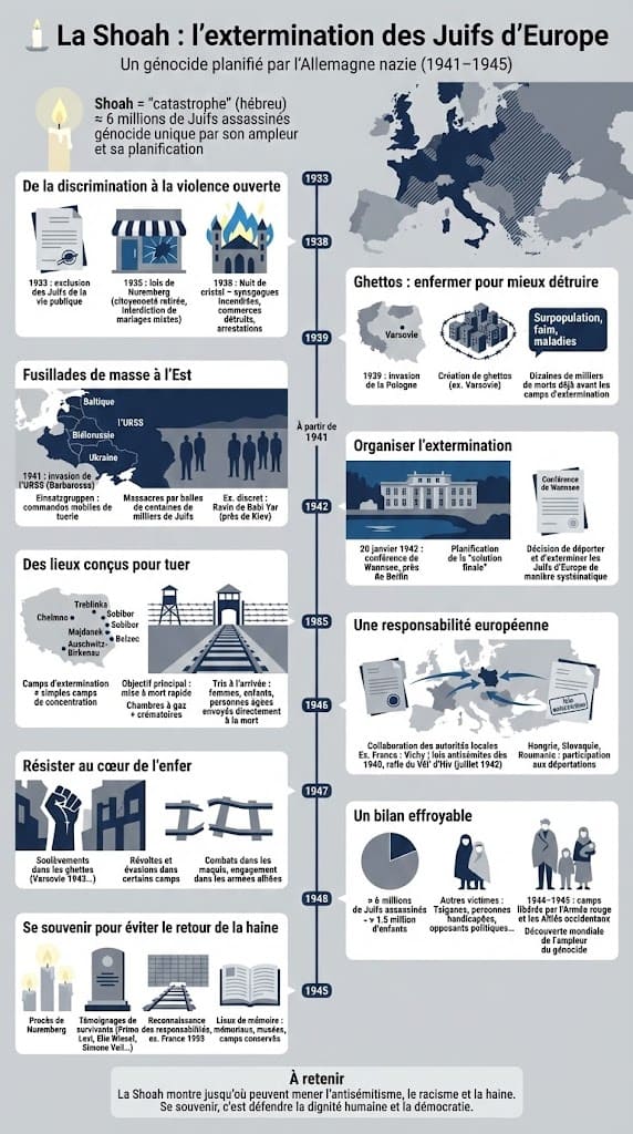 Infographie mémorielle expliquant les étapes de la Shoah : discrimination, ghettos, fusillades par Einsatzgruppen et camps d’extermination.