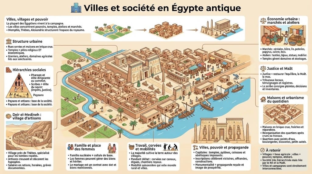 Illustration d'une ville égyptienne antique accompagnée d'une pyramide sociale montrant la hiérarchie stricte, du Pharaon au sommet jusqu'aux paysans et artisans à la base.