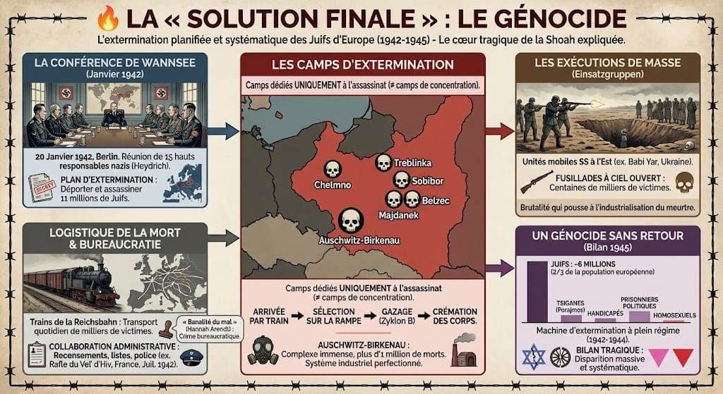 Infographie expliquant la logistique du génocide : conférence de Wannsee, rôle des transports ferroviaires, carte des camps d'extermination (Auschwitz, Treblinka, etc.) et massacres par les Einsatzgruppen.