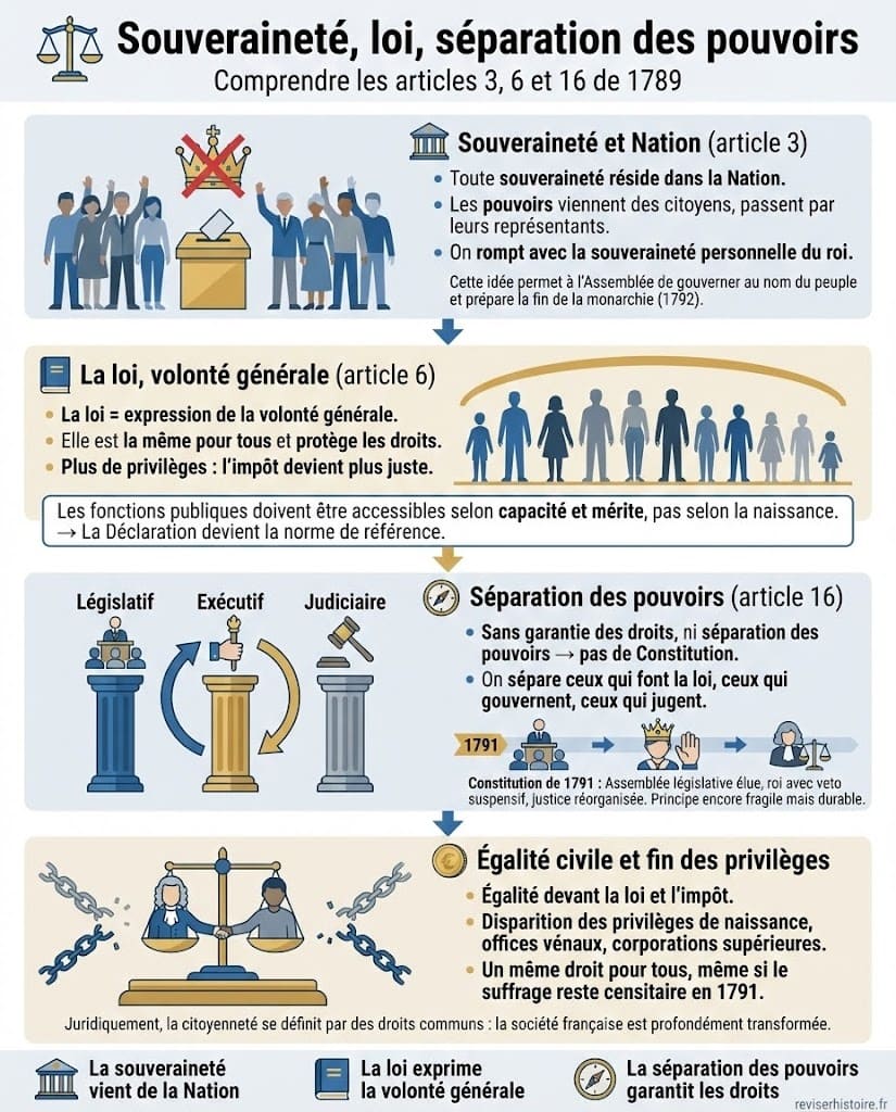 Infographie présentant les articles 3, 6 et 16 de la Déclaration des droits de l’homme et du citoyen de 1789, expliquant la souveraineté nationale, la loi comme expression de la volonté générale et la séparation des pouvoirs.
