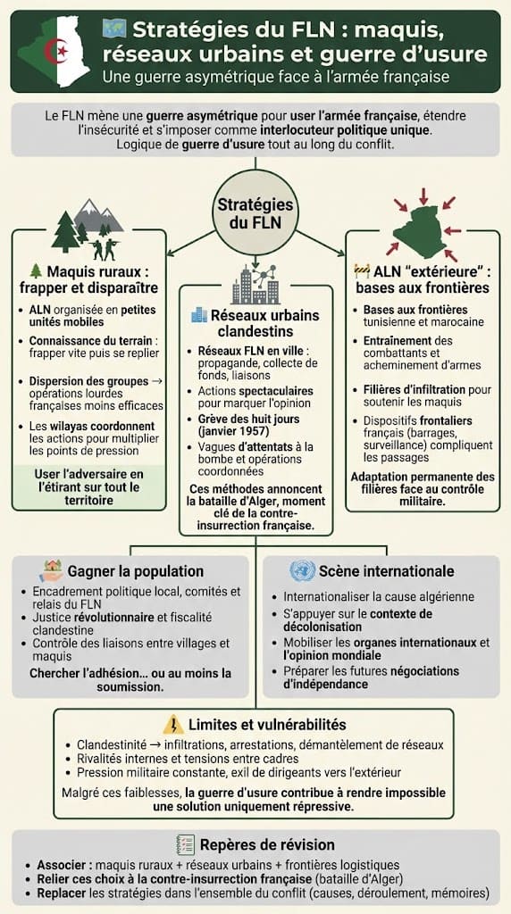 Infographie présentant les principales stratégies du FLN pendant la guerre d’Algérie : guérilla rurale en maquis, réseaux urbains clandestins, soutien logistique aux frontières et guerre d’usure contre l’armée française.